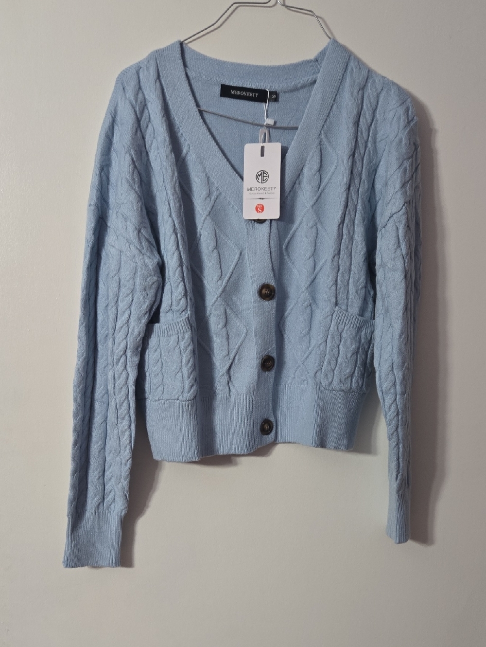 Mercoretty Soft Sky Blue Cable-Knit V-Neck Cardigan